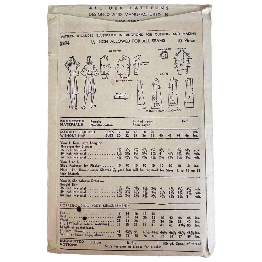 40s Advance Sewing Pattern 2894 Shirtwaist Dress Size 12 Bust 30